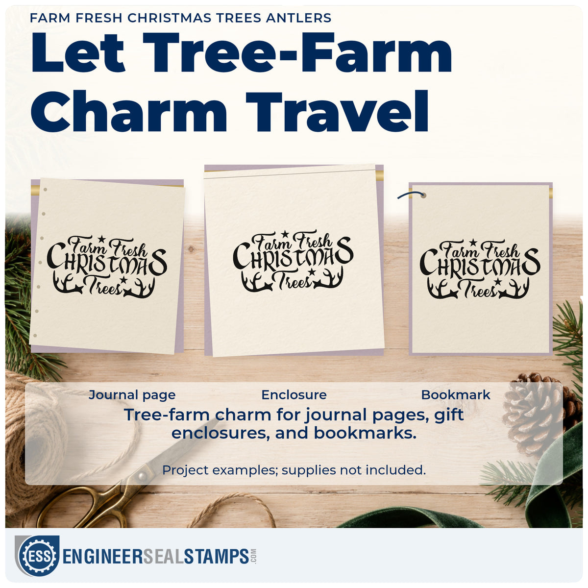 Three project examples made with the Farm Fresh Christmas Trees Antlers Stamp – Self-Inking, including herd count sheet.