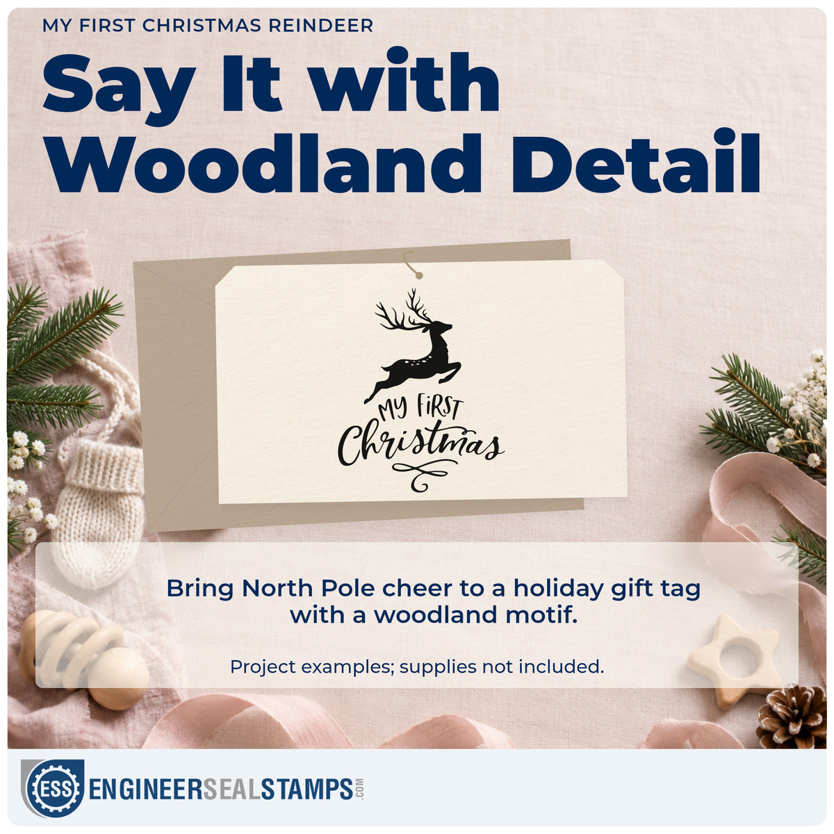A finished handmade project stamped with the My First Christmas Reindeer Lettering Flourish Wood Handle Stamp, ideal for animal album page.