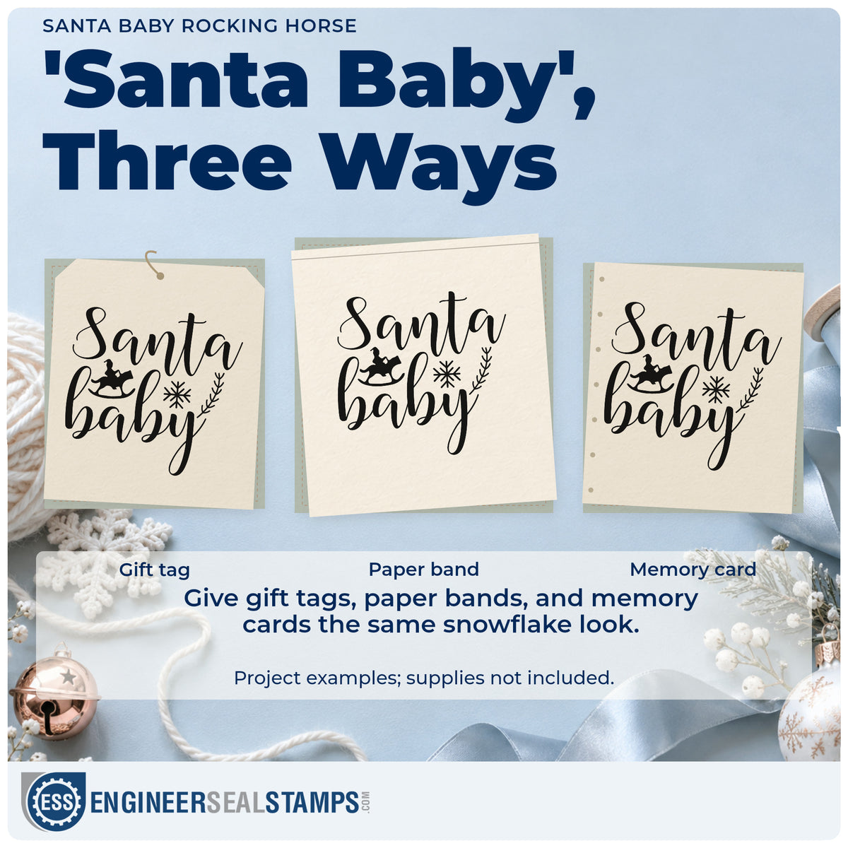 Three project examples made with the Santa Baby Rocking Horse Stamp – Self-Inking, including registry check sheet.
