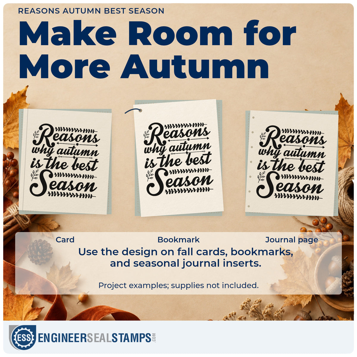 Three project examples made with the Reasons Autumn Best Season Rubber Stamp – Duo Hand, including ranked notes sheet.