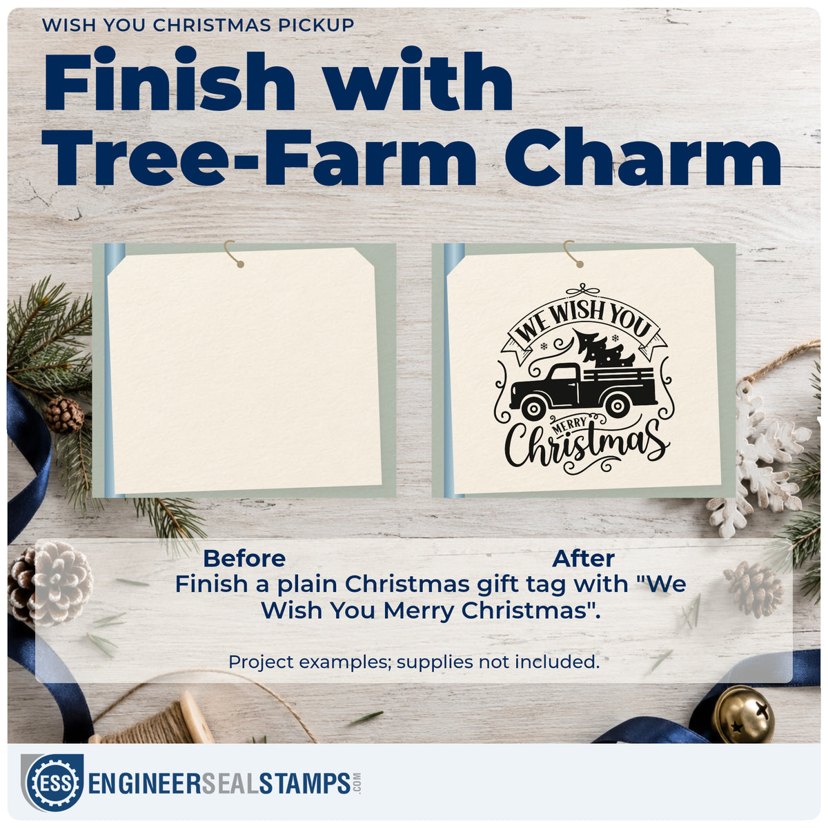 Before and after of a plain item finished with the Wish You Christmas Pickup Pre-Inked Stamp – Slim, a quick upgrade for framed mud room.
