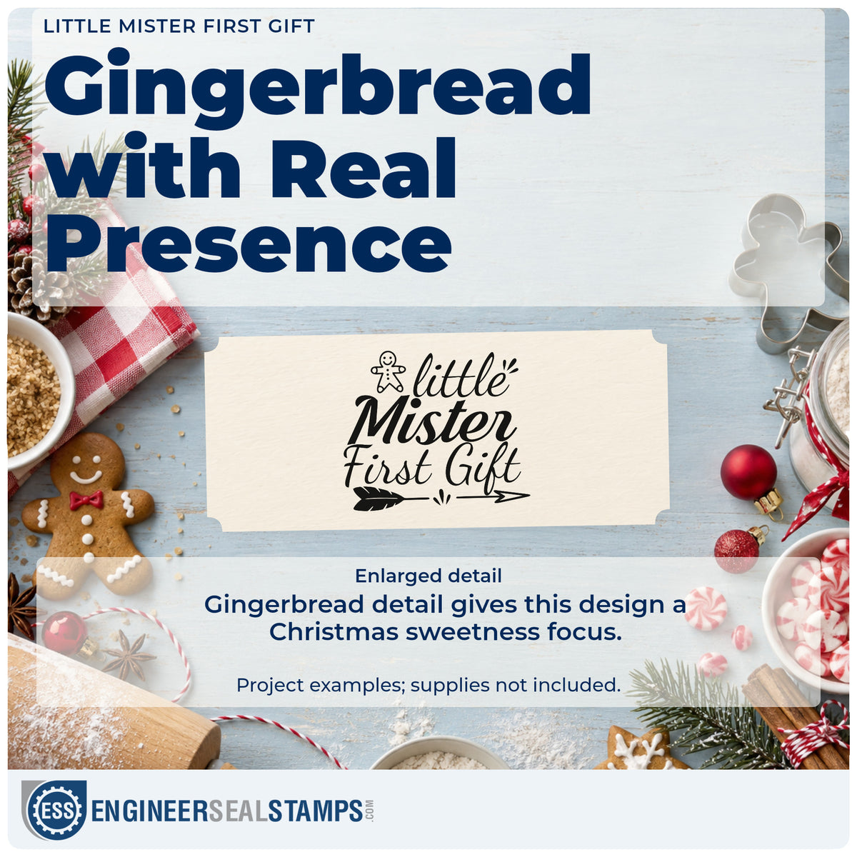 Enlarged detail of the Little Mister First Gift Stamp – Slim Pre-Inked imprint. “Little Mister First Gift” features a gingerbread figure, arrows, and decorative strokes.