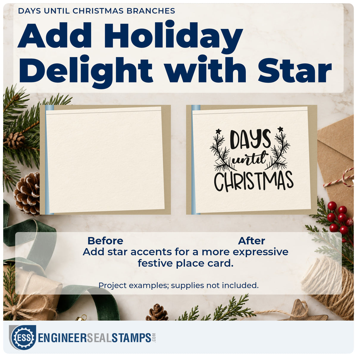 Before and after of a plain item finished with the Days Until Christmas Branches Pine Motif Pre-Inked Stamp – PSI, a quick upgrade for framed slate insert.