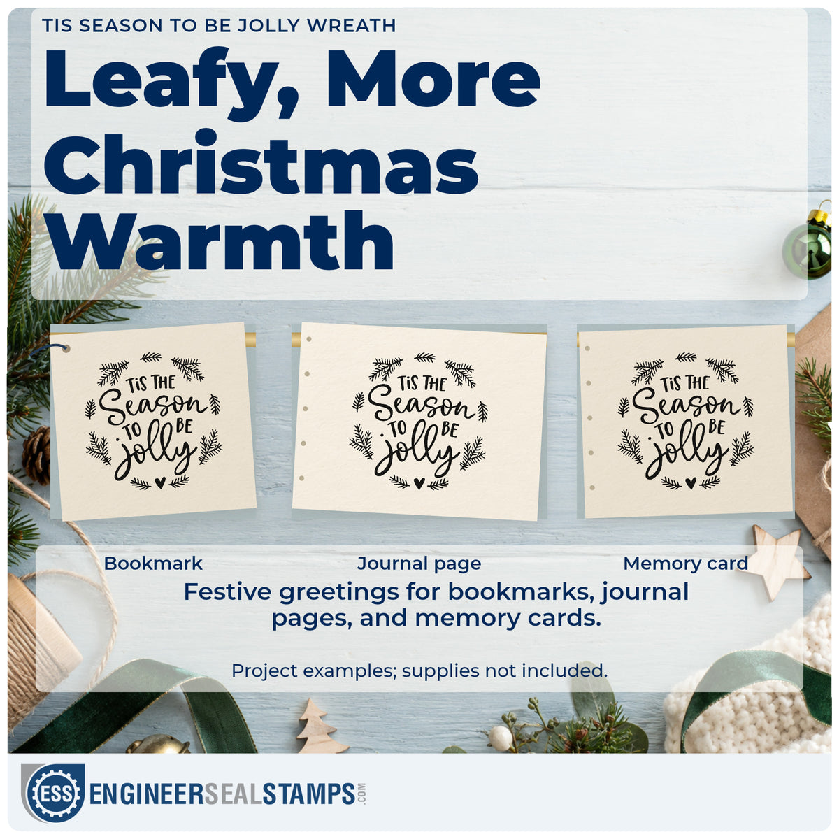 Three project examples made with the Tis Season To Be Jolly Wreath Stamp – Self-Inking, including supply count sheet.