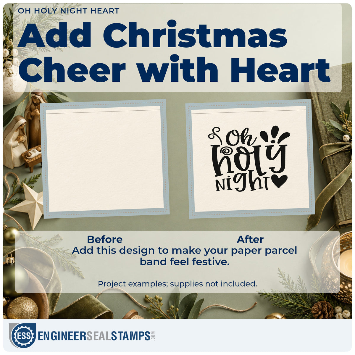 Before and after of a plain item finished with the Oh Holy Night Pre-Inked Stamp – PSI, a quick upgrade for choir sash printing.