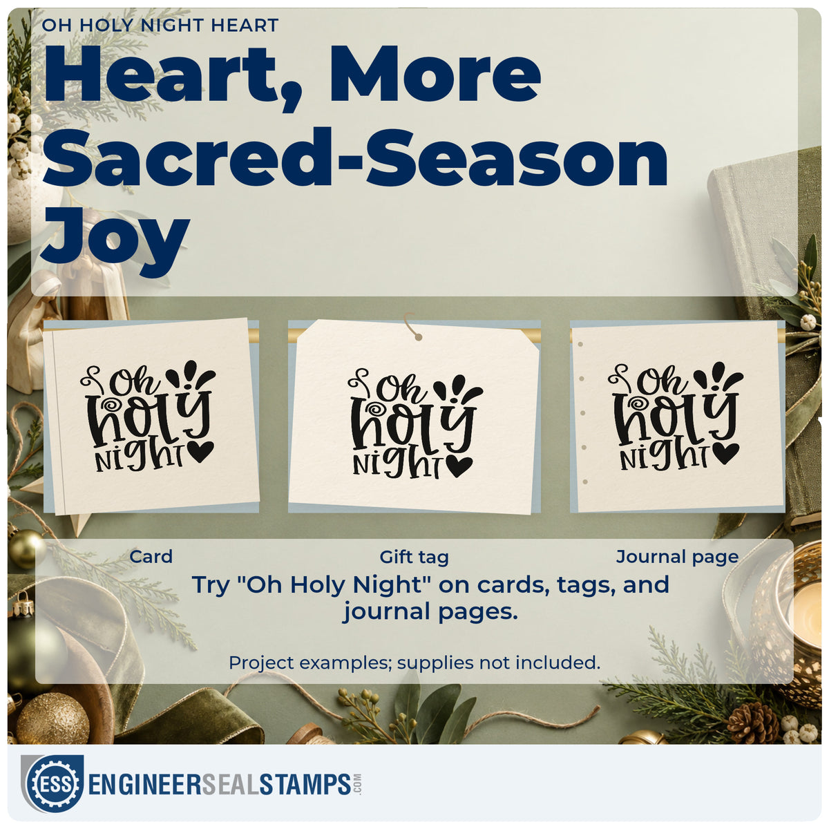 Three project examples made with the Oh Holy Night Self-Inking Stamp, including hymnal gift tags.