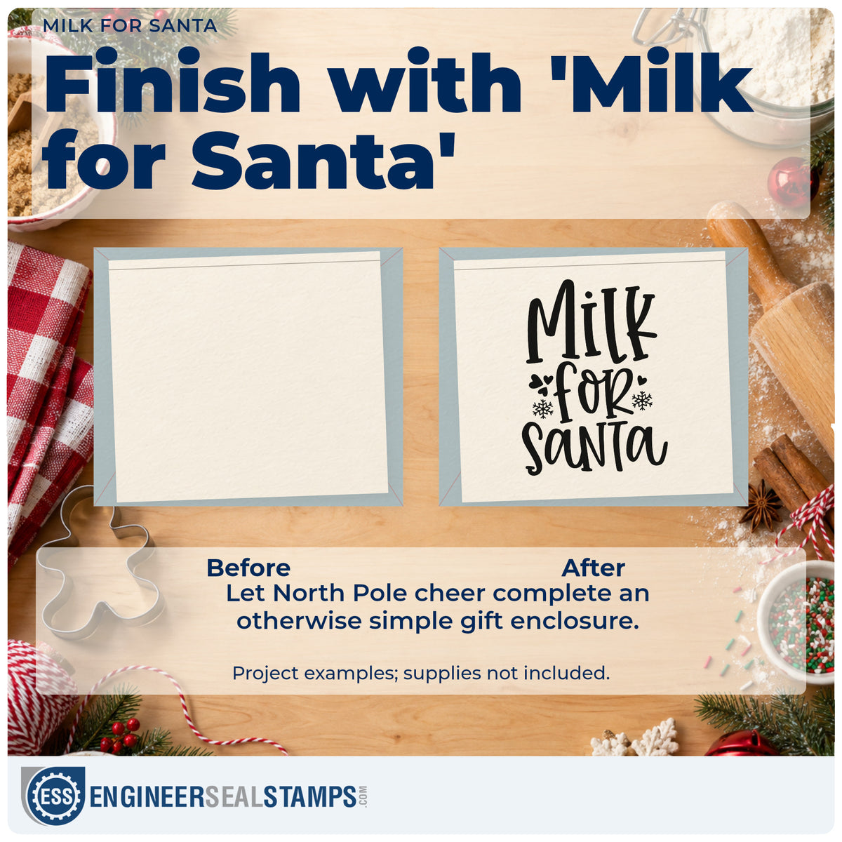 Before and after of a plain item finished with the Milk For Santa Snowflakes Craft Stamp – Self-Inking, a quick upgrade for framed fridge door.