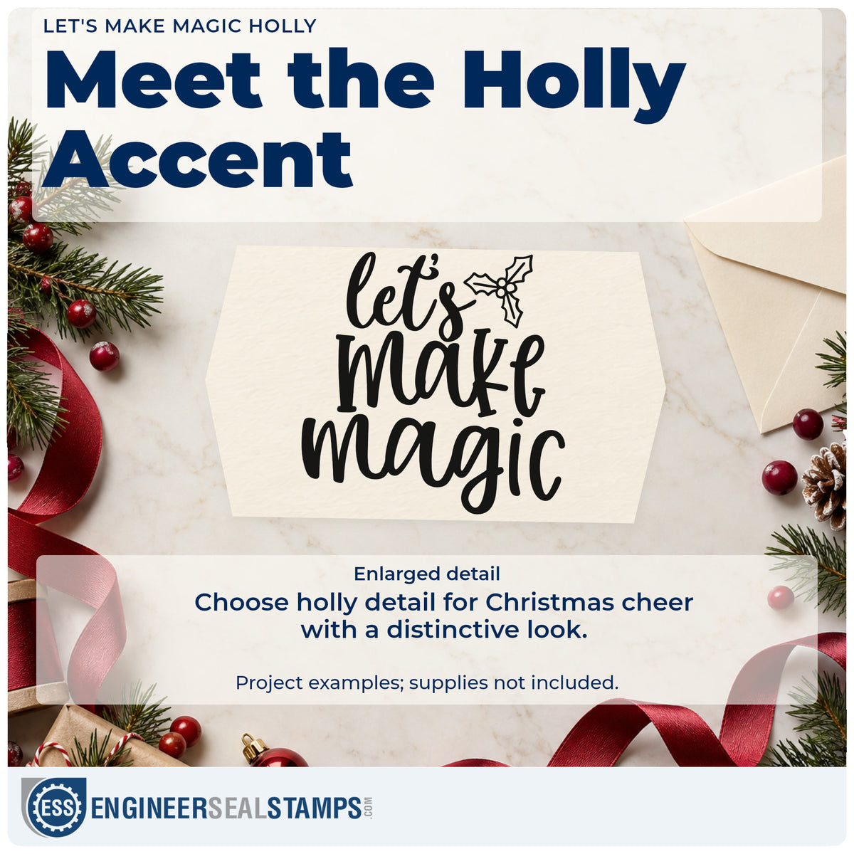 Enlarged detail of the Let's Make Magic Holly Script Lettering Stamp – Wood Handle imprint. “Let's Make Magic” appears in thick hand-drawn script with a holly sprig.