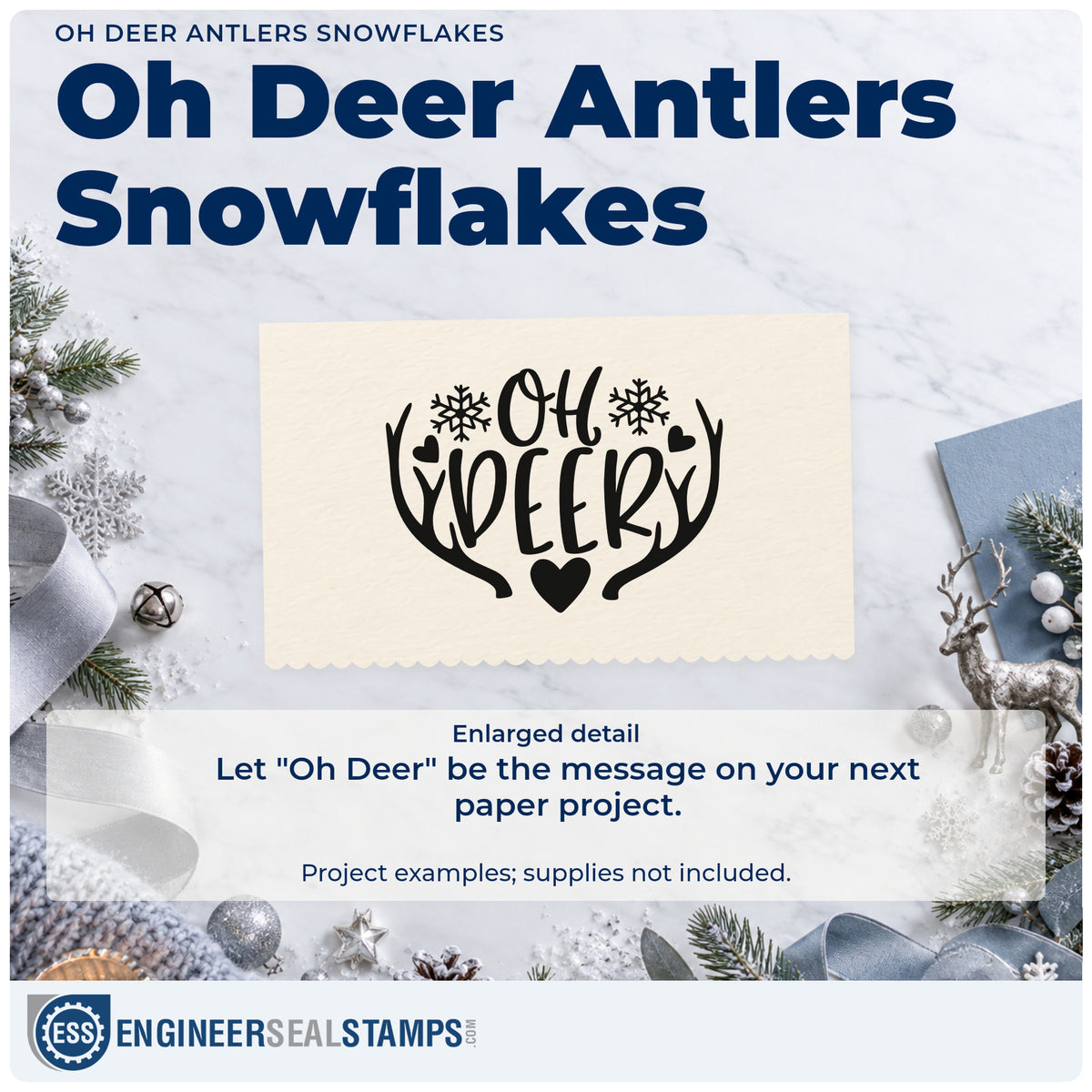 Enlarged detail of the Oh Deer Antlers Snowflakes With Hearts Slim Pre-Inked Stamp imprint. “Oh Deer” is framed by antlers with snowflakes and hearts.