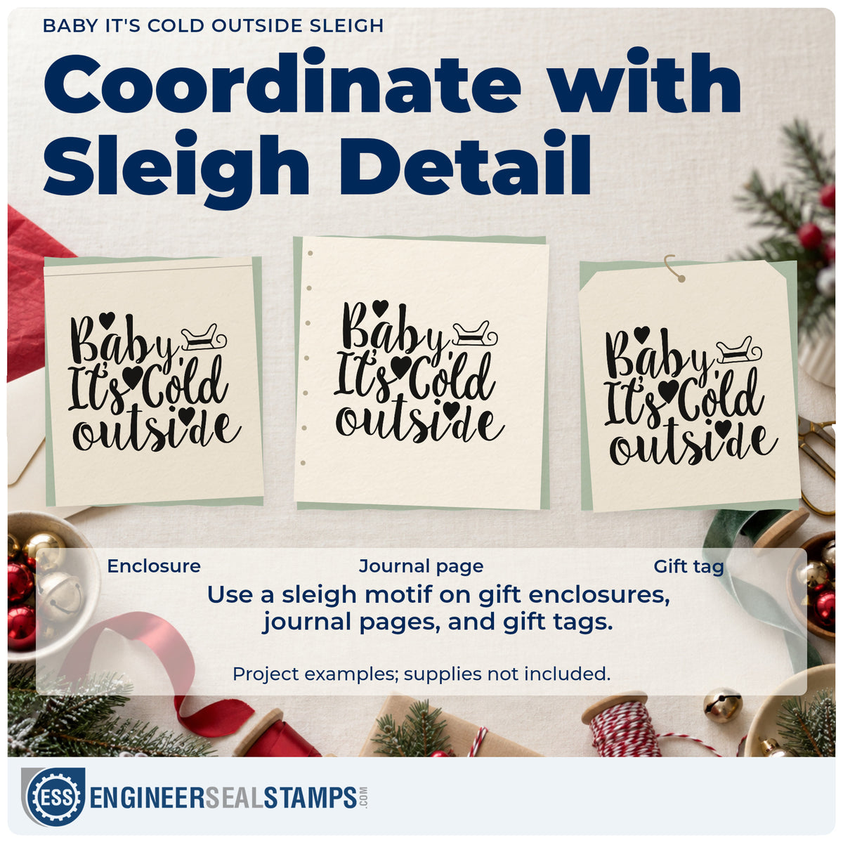 Three project examples made with the Baby It's Cold Outside Sleigh Hand Stamp – Duo, including ride ticket tags.