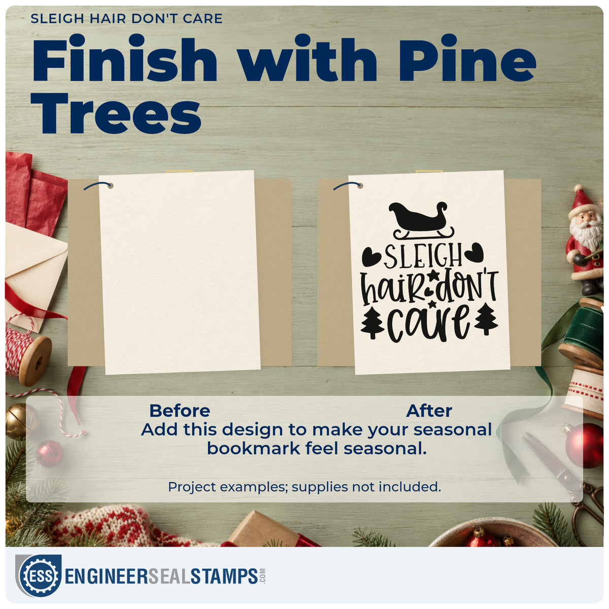Before and after of a plain item finished with the Sleigh Hair Don't Care Rubber Stamp – Wood Handle, a quick upgrade for framed station mirror.