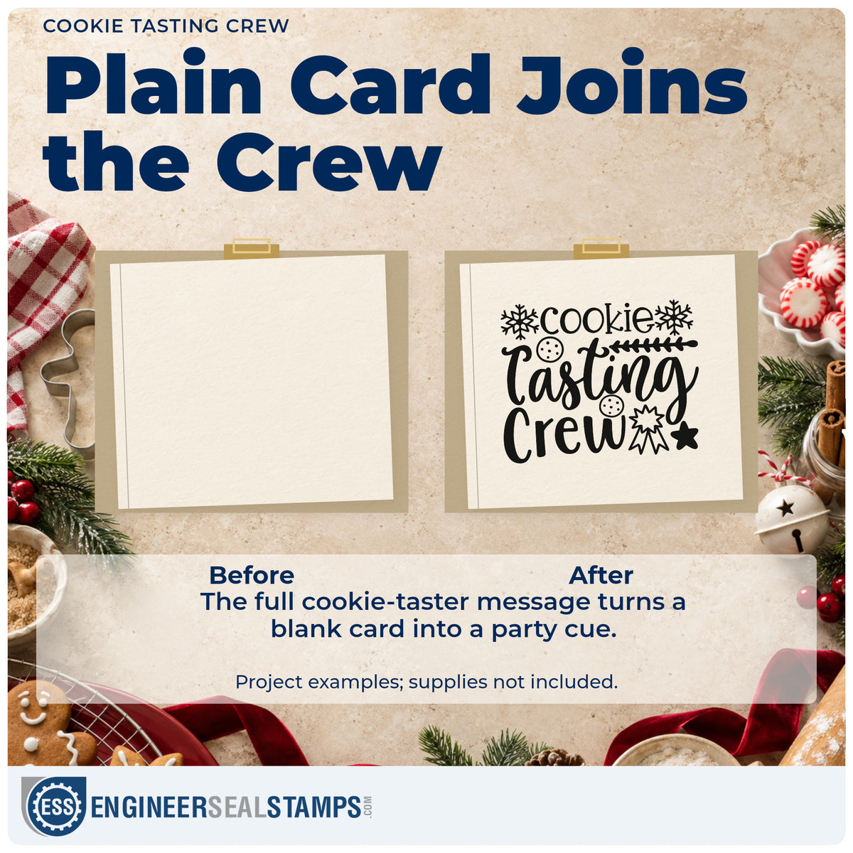 Before and after of a plain item finished with the Cookie Tasting Crew Snowflakes Rubber Stamp – Wood Handle, a quick upgrade for framed tasting table.