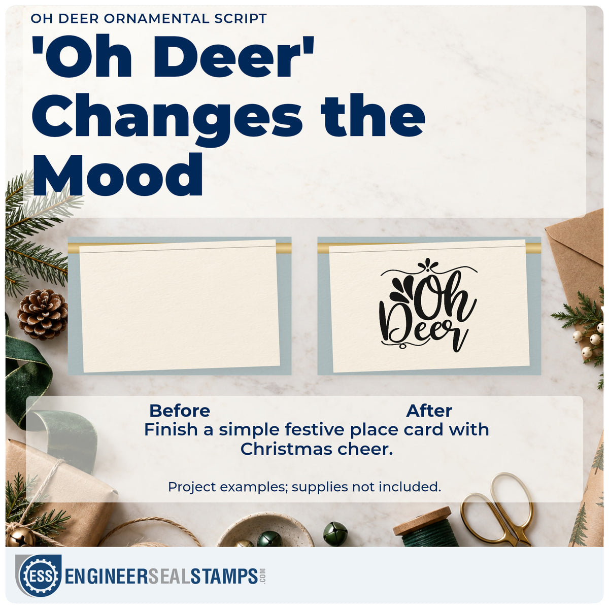Before and after of a plain item finished with the Oh Deer Ornamental Script Rubber Stamp – Duo Hand, a quick upgrade for framed statement wall.