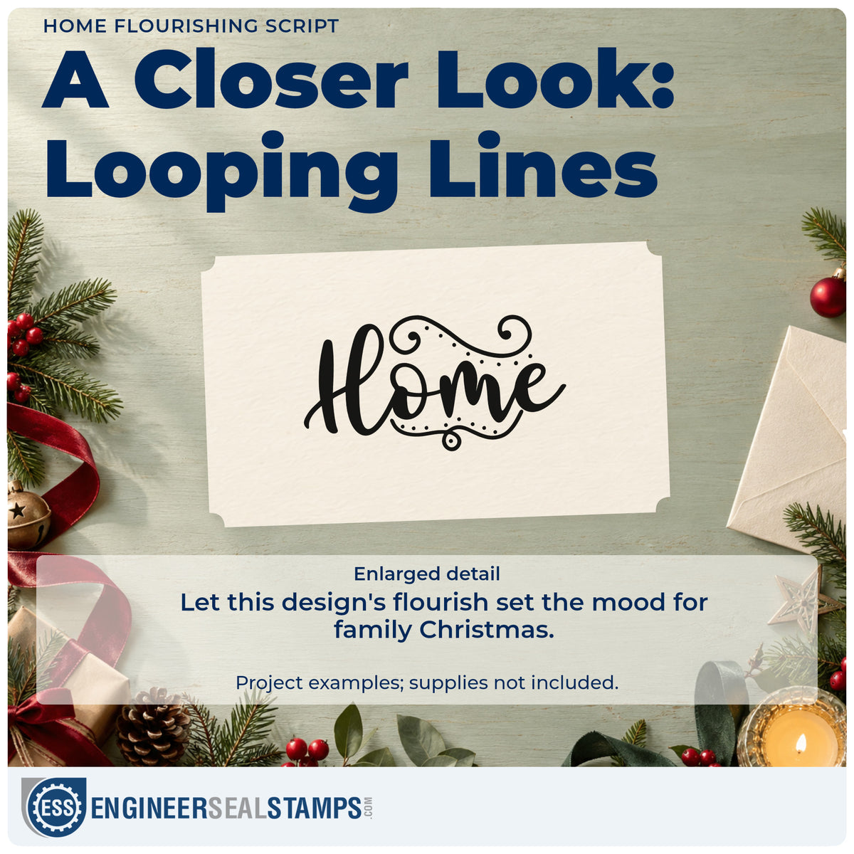 Enlarged detail of the Home Flourishing Script Lettering Self-Inking Stamp imprint. The word “Home” appears in thick script with looping flourishes and dot accents.