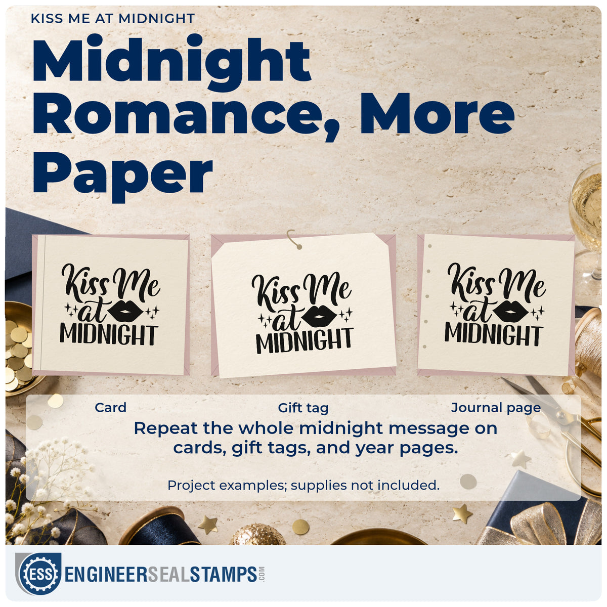 Three project examples made with the Kiss Me At Midnight Duo Hand Stamp, including lipstick gift tags.