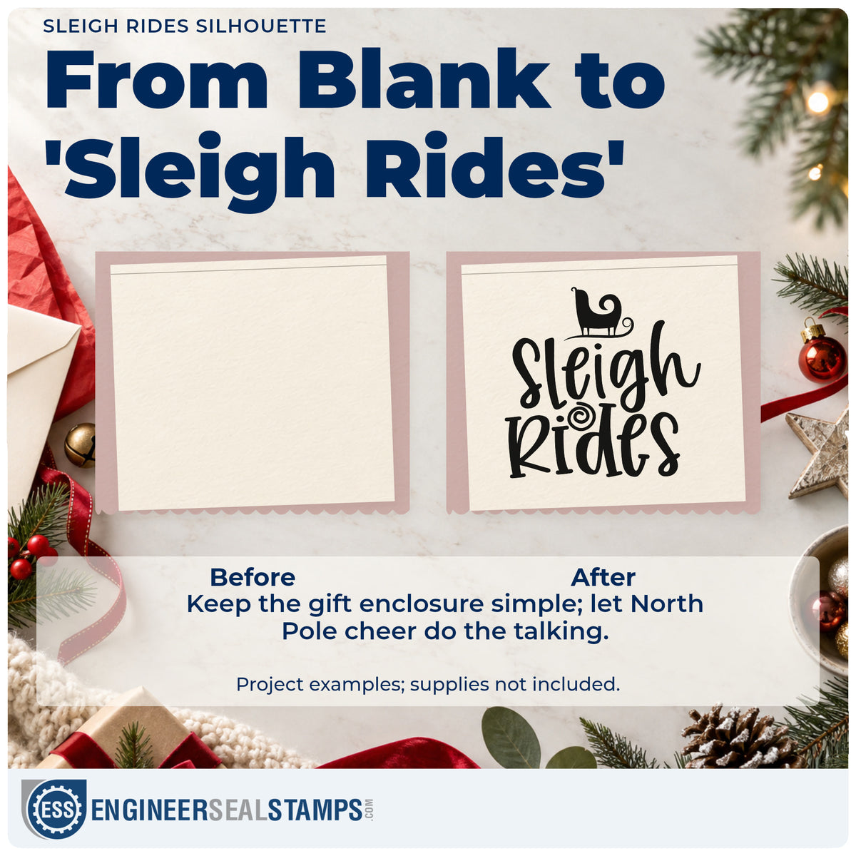 Before and after of a plain item finished with the Sleigh Rides Silhouette Script Lettering Wood Handle Stamp, a quick upgrade for framed barn office.
