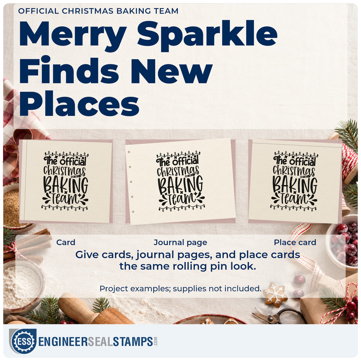 Three project examples made with the The Official Christmas Baking Team Hand Stamp – Duo, including duty roster sheet.