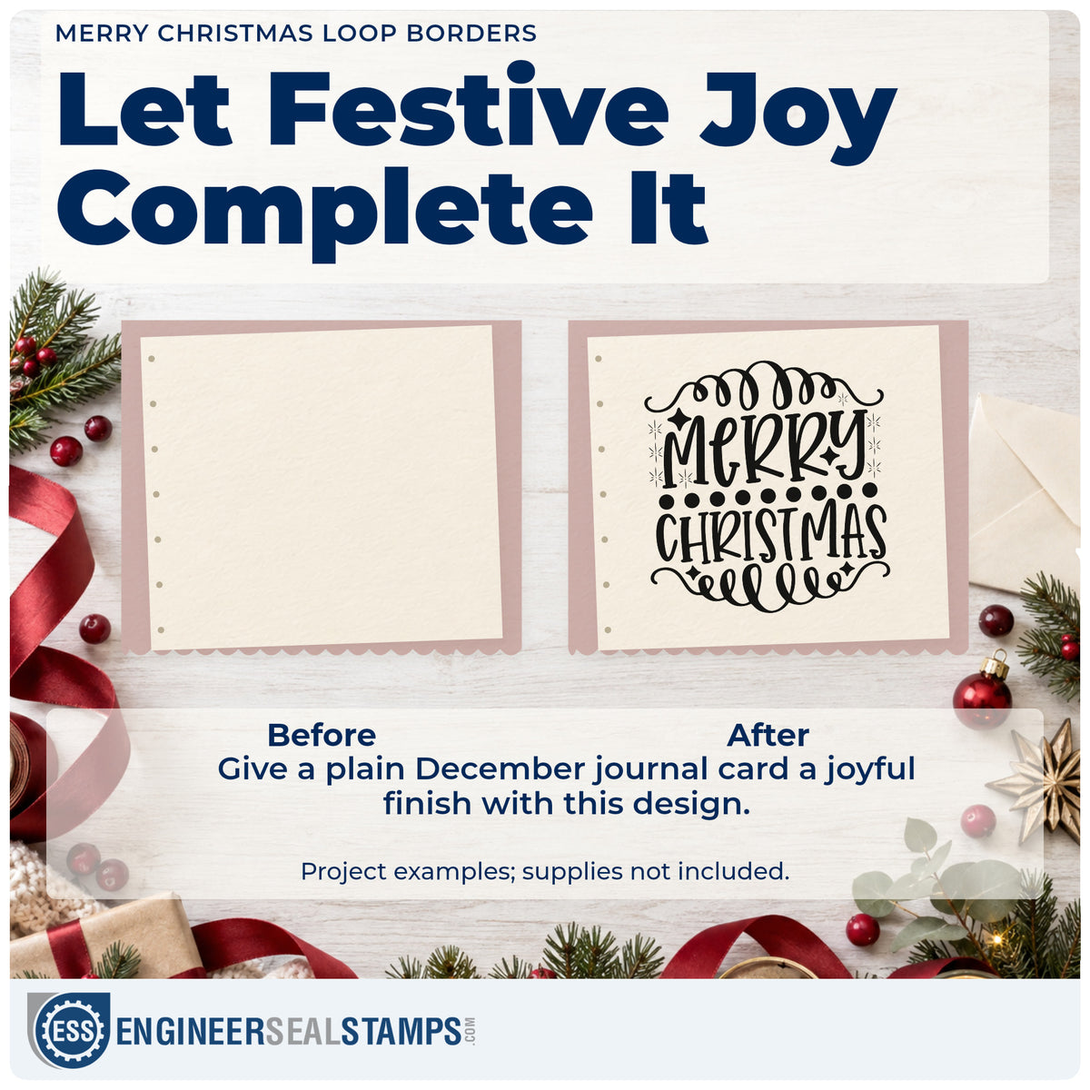 Before and after of a plain item finished with the Merry Christmas Loop Borders Snowflakes Rubber Stamp – Wood Handle, a quick upgrade for framed small mat.