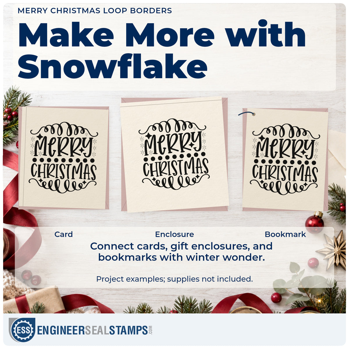 Three project examples made with the Merry Christmas Loop Borders Snowflakes Pre-Inked Stamp – PSI, including note divider sheet.