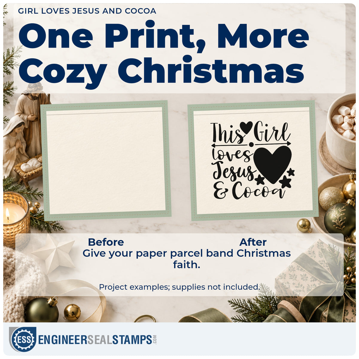 Before and after of a plain item finished with the This Girl Loves Jesus & Cocoa Stamp – Self-Inking, a quick upgrade for mug cozy printing.