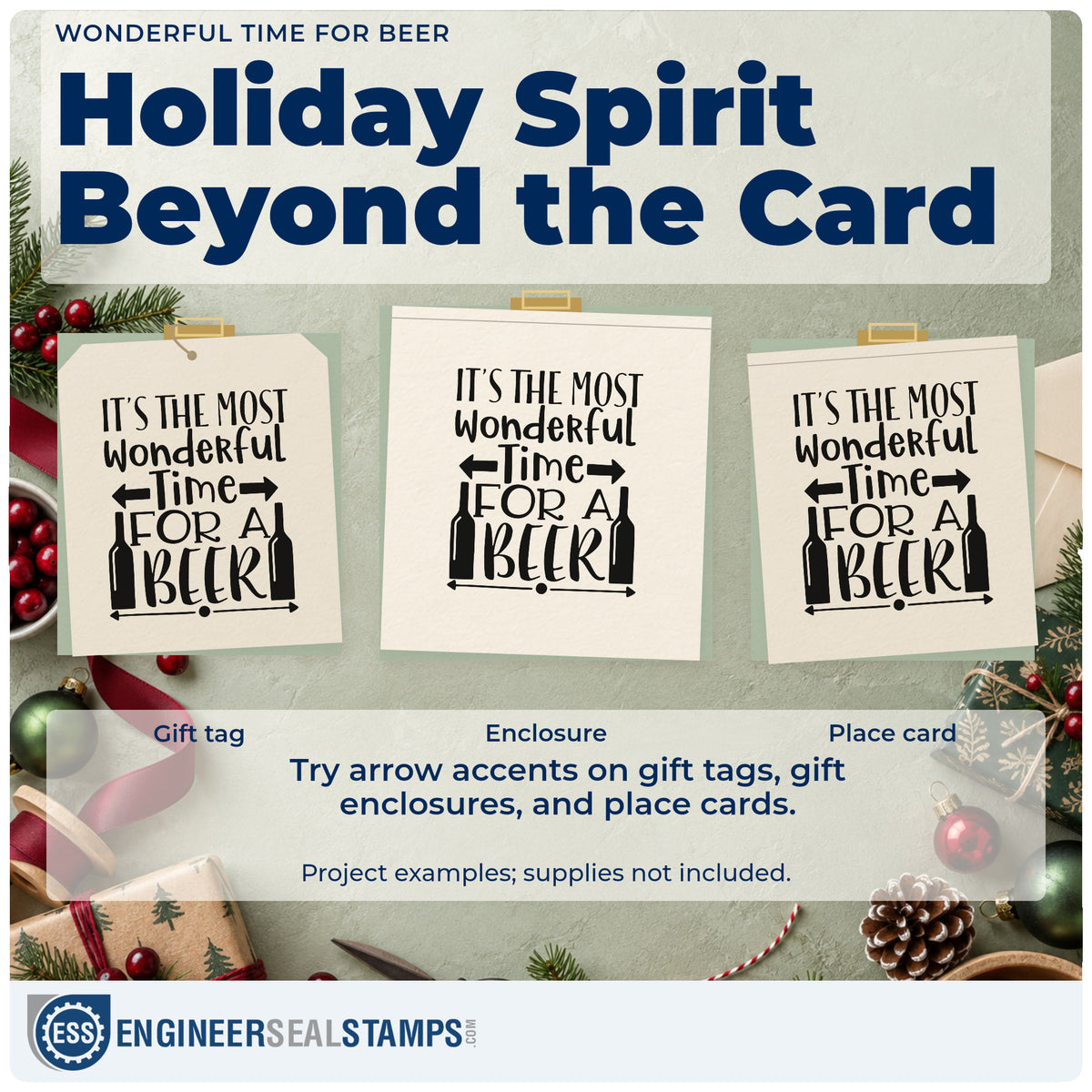 Three project examples made with the Wonderful Time For Beer Slim Pre-Inked Stamp, including style rank sheet.