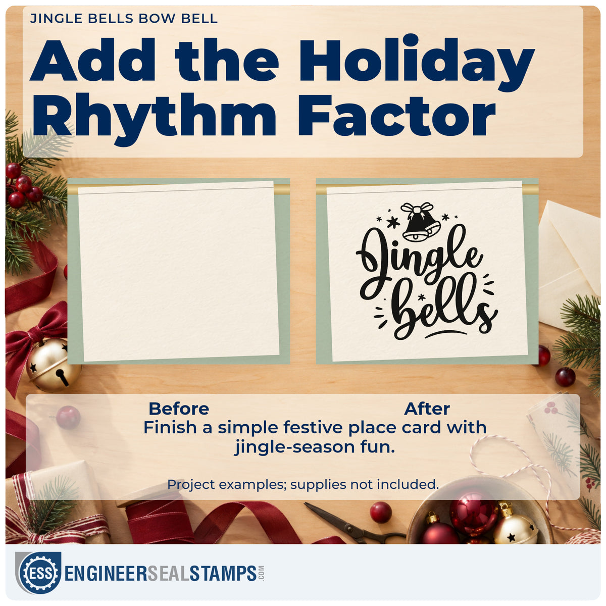 Before and after of a plain item finished with the Jingle Bells Bow Bell With Stars Self-Inking Stamp, a quick upgrade for framed door header.