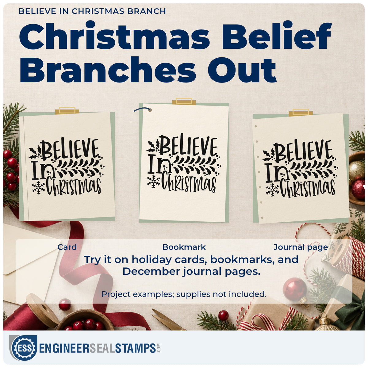 Three project examples made with the Believe In Christmas Branch Craft Stamp – Self-Inking, including reading plan sheet.