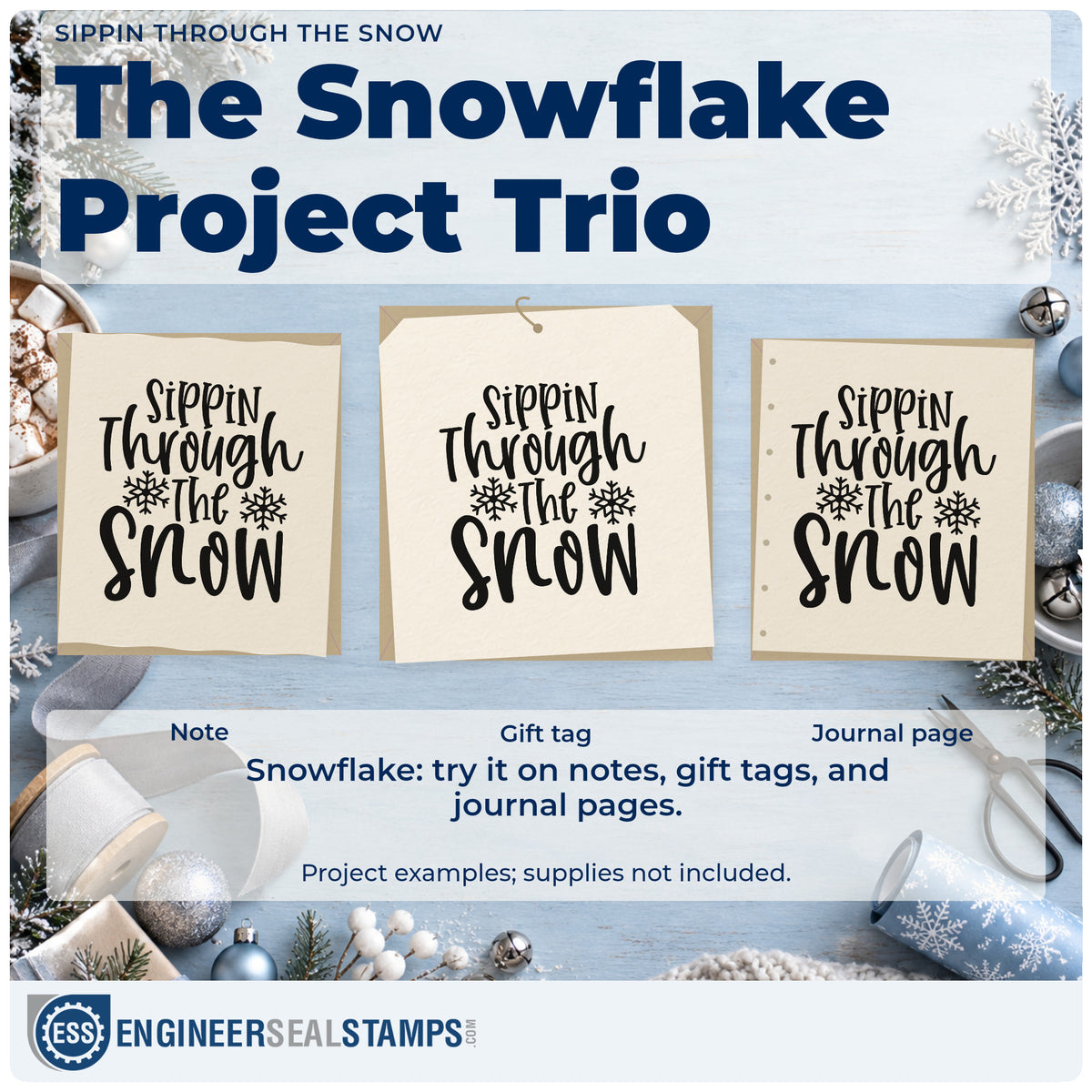 Three project examples made with the Sippin Through The Snow Snowflakes Premium Wooden Stamp – Vintage Pro, including recipe card sheet.