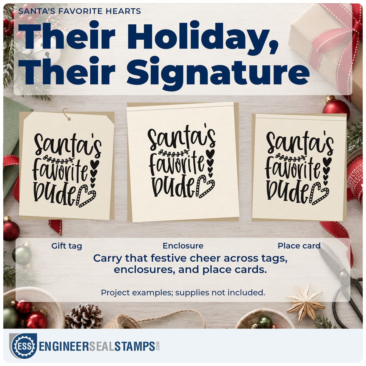 Three project examples made with the Santa's Favorite Wife Hearts Stamp – Self-Inking, including date plan sheet.
