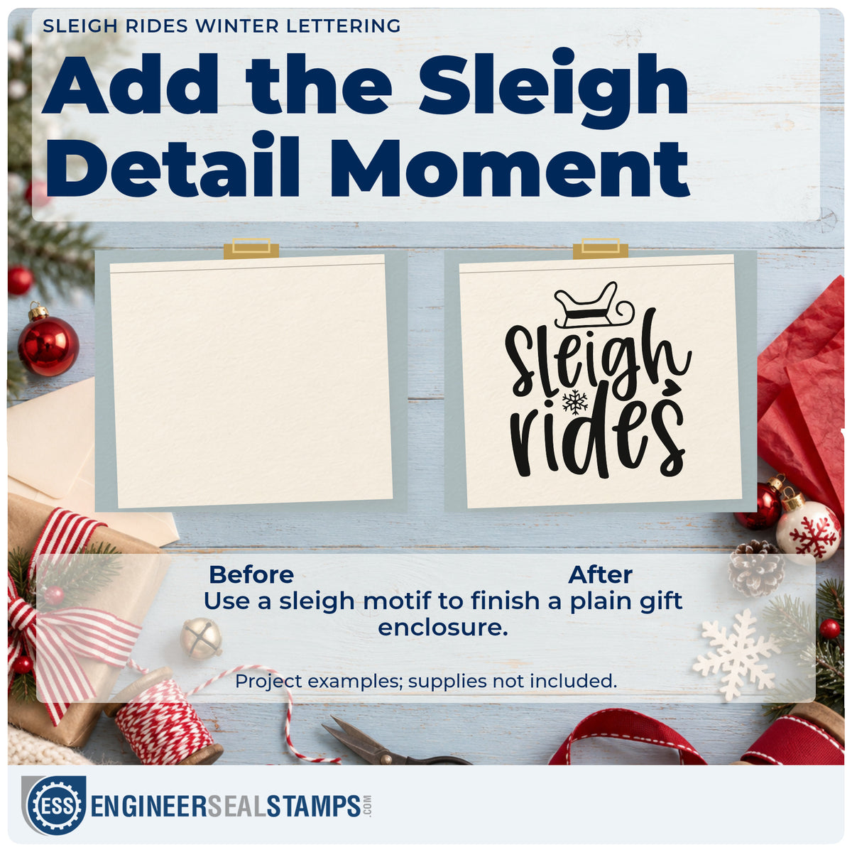 Before and after of a plain item finished with the Sleigh Rides Winter Lettering Stamp – Slim Pre-Inked, a quick upgrade for framed trailhead board.