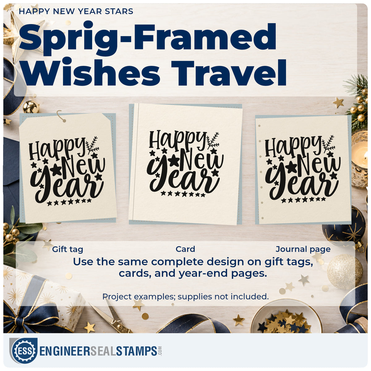 Three project examples made with the Happy New Year Botanical Sprig Self-Inking Stamp, including goal setting sheet.