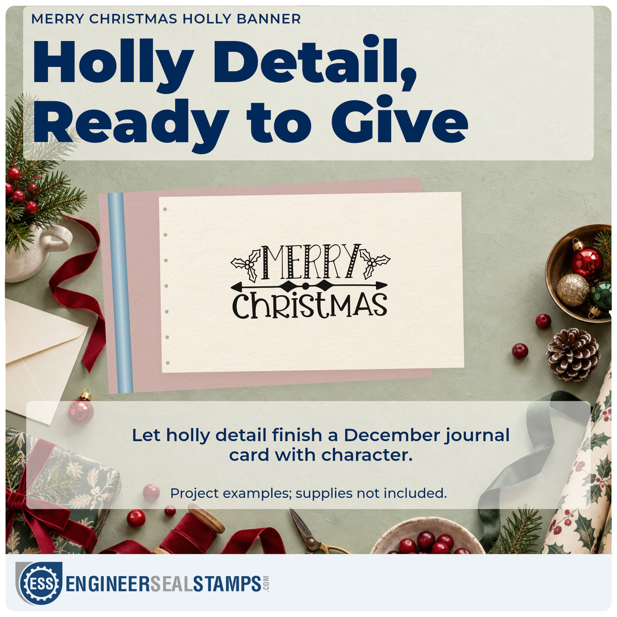 A finished handmade project stamped with the Merry Christmas Holly Banner Lettering Self-Inking Stamp, ideal for rule album page.