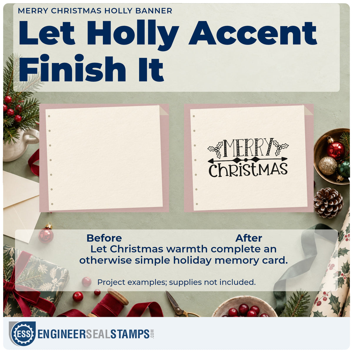 Before and after of a plain item finished with the Merry Christmas Holly Banner Lettering PSI Pre-Inked Stamp, a quick upgrade for framed long panel.