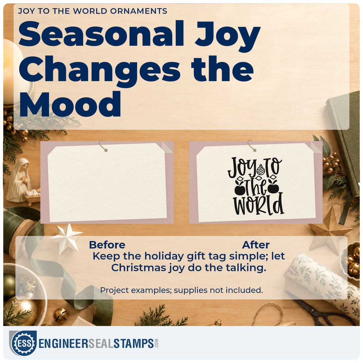 Before and after of a plain item finished with the Joy To The World Ornaments Lettering Self-Inking Craft Stamp, a quick upgrade for framed window hang.