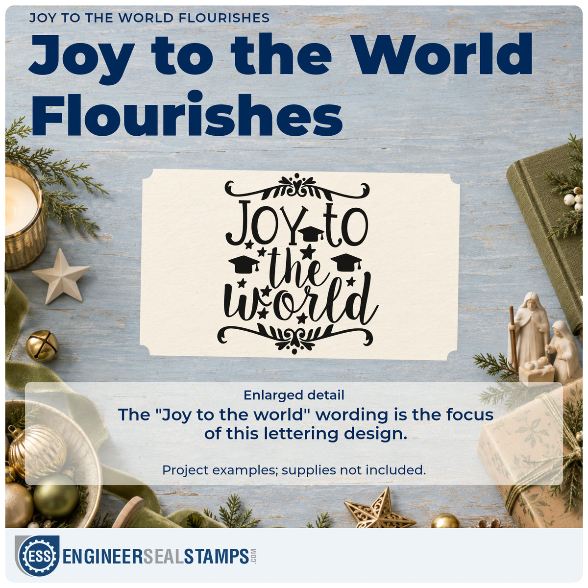 Enlarged detail of the Joy To The World Botanical Lettering Slim Pre-Inked Stamp imprint. The words "Joy to the world" appear with stars, small graduation-cap shapes, and leafy flourishes.