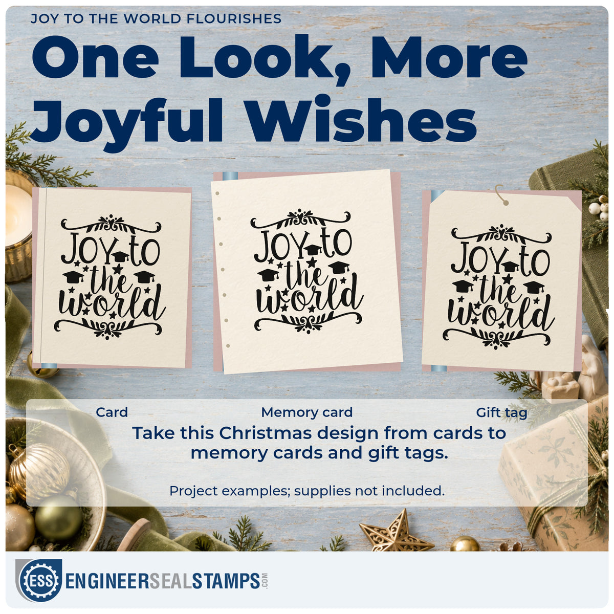 Three project examples made with the Joy To The World Botanical Lettering Slim Pre-Inked Stamp, including job search sheet.