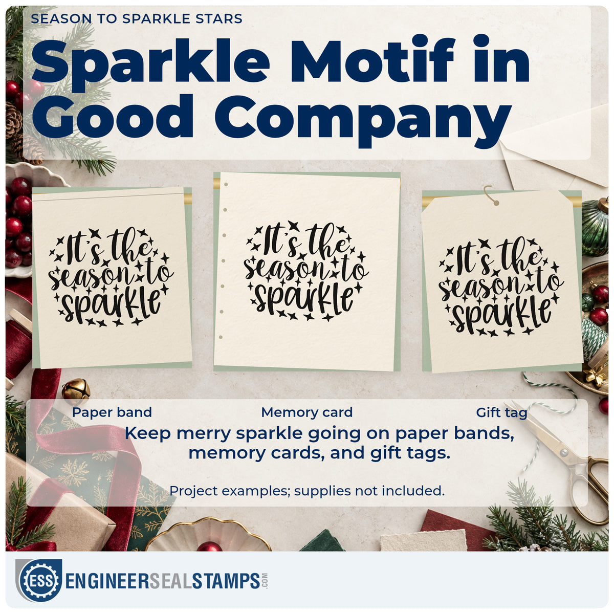 Three project examples made with the It's The Season To Sparkle PSI Pre-Inked Stamp, including event calendar sheet.