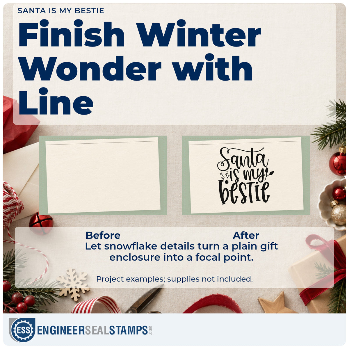 Before and after of a plain item finished with the Santa Is My Bestie Hand Stamp – Duo, a quick upgrade for framed group photo.