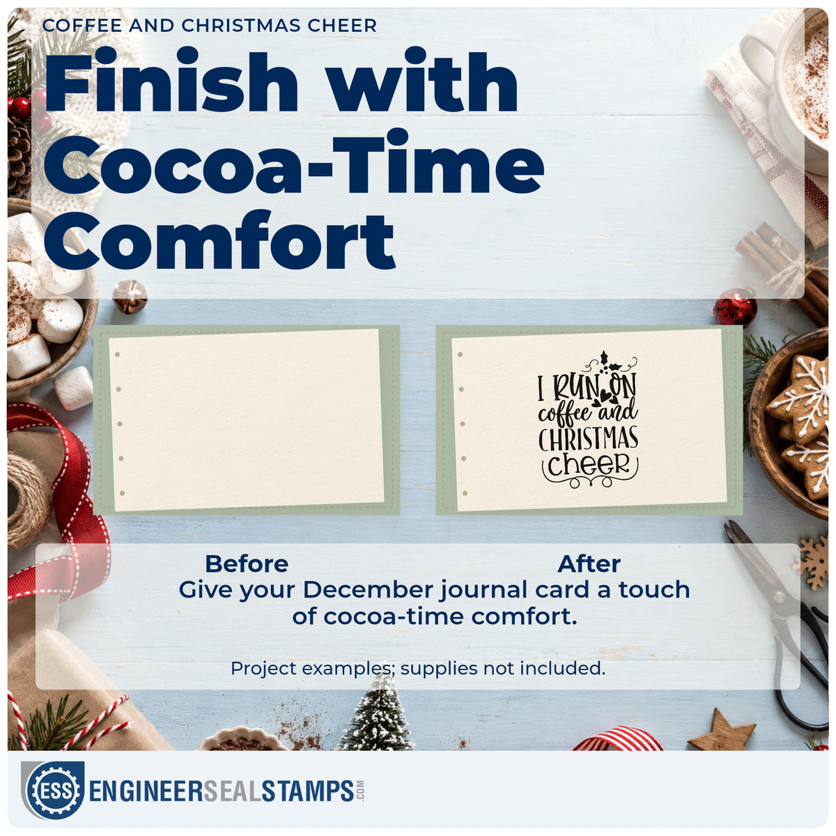 Before and after of a plain item finished with the Coffee And Christmas Cheer Pre-Inked Stamp – PSI, a quick upgrade for framed kitchenette wall.