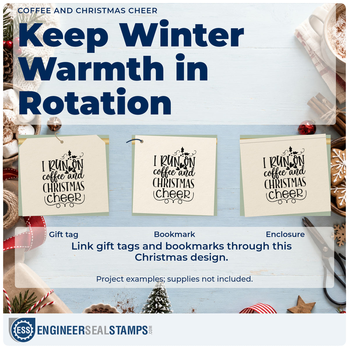 Three project examples made with the Coffee And Christmas Cheer Pre-Inked Stamp – PSI, including supply order sheet.