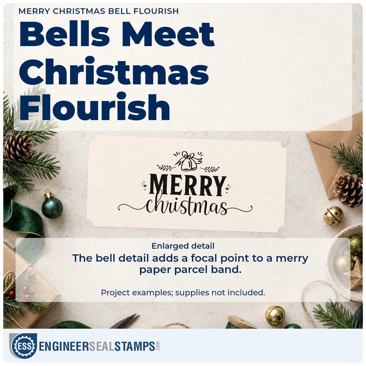 Enlarged detail of the Merry Christmas Bell Flourished Lettering Compact Pre-Inked Stamp – Slim imprint. A ribboned bell and evergreen sprigs top "Merry Christmas" with flowing underline flourishes.