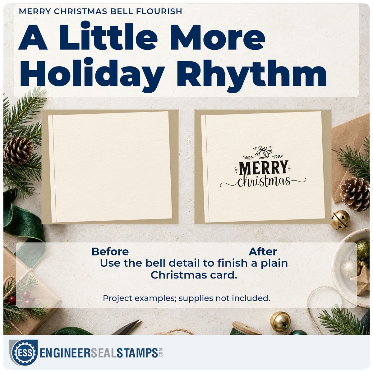 Before and after of a plain item finished with the Merry Christmas Bell Flourished Lettering Self-Inking Stamp, a quick upgrade for framed over door.