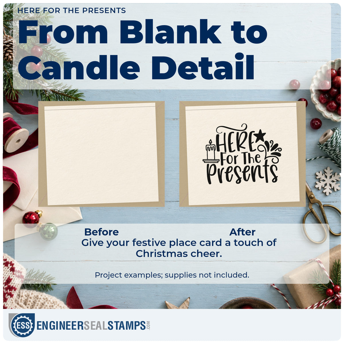 Before and after of a plain item finished with the Here For The Presents Pre-Inked Stamp – Slim, a quick upgrade for framed gift corner.