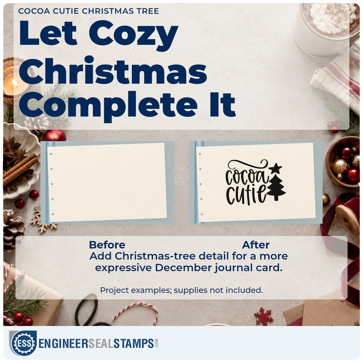 Before and after of a plain item finished with the Cocoa Cutie Christmas Tree Hand Stamp – Duo, a quick upgrade for framed high chair wall.