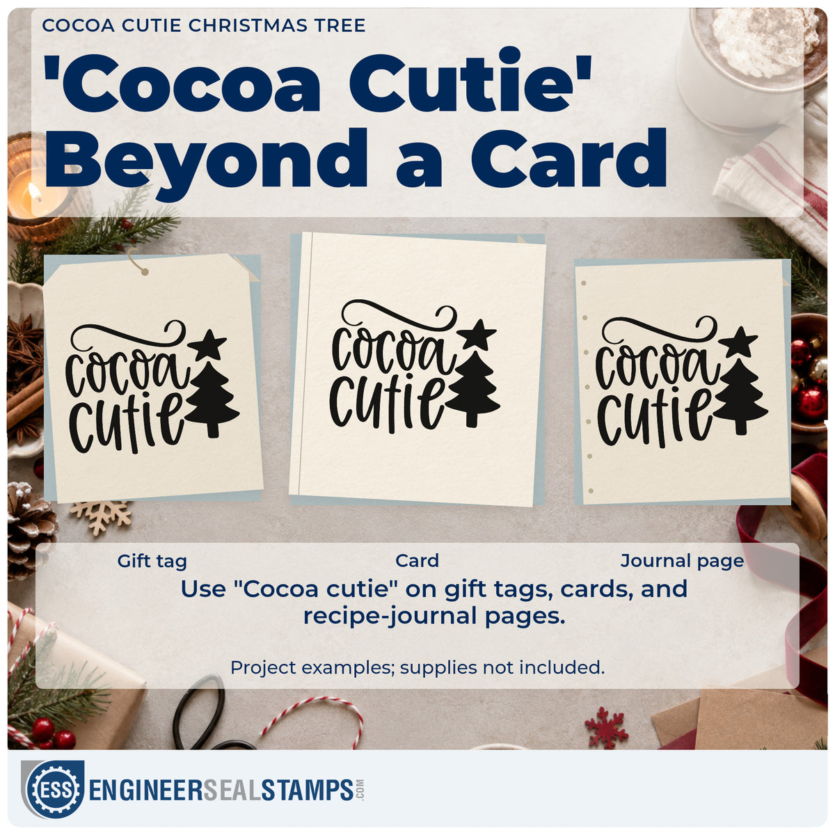 Three project examples made with the Cocoa Cutie Christmas Tree Craft Stamp – Self-Inking, including milestone chart sheet.