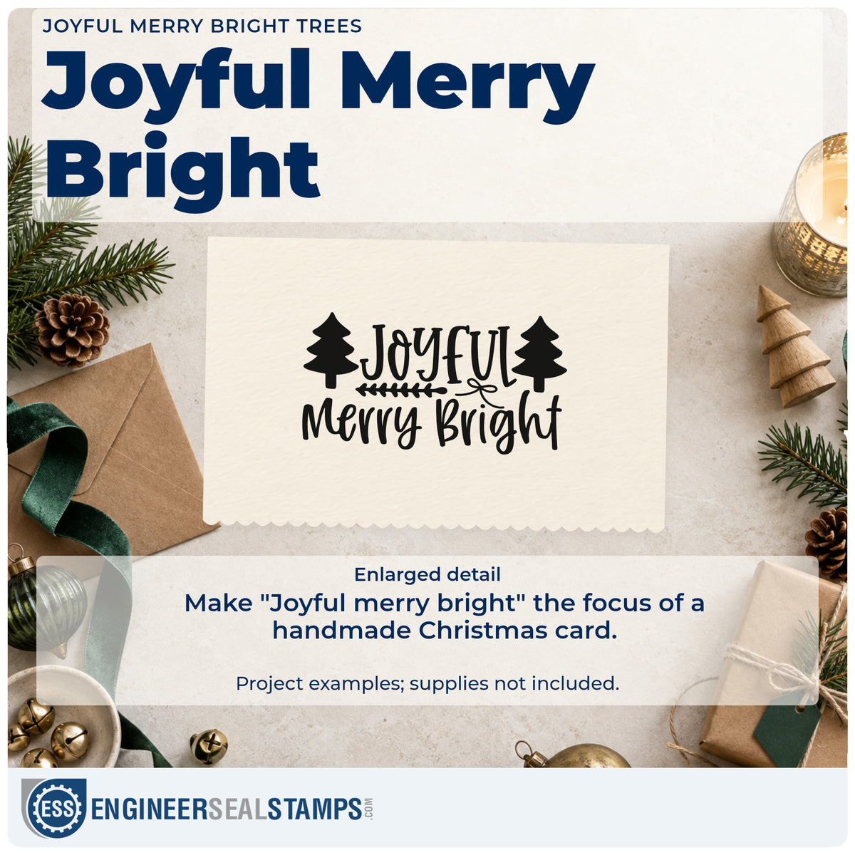 Enlarged detail of the Joyful Merry Bright Trees Arrow Compact Pre-Inked Stamp – Slim imprint. The words "Joyful merry bright" appear between two Christmas trees with an arrow divider.