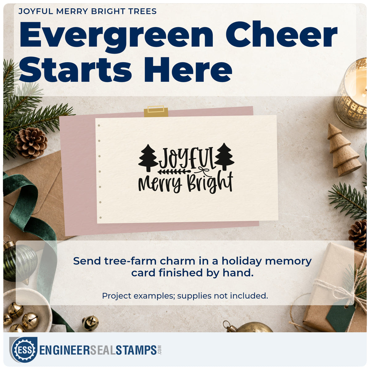 A finished handmade project stamped with the Joyful Merry Bright Trees Arrow Rubber Stamp – Duo Hand, ideal for triple album page.
