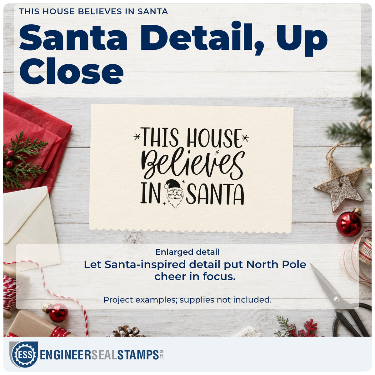 Enlarged detail of the This House Believes In Santa With Stars Pre-Inked Stamp – Slim imprint. The phrase "This house believes in Santa" includes a small Santa face and stars.