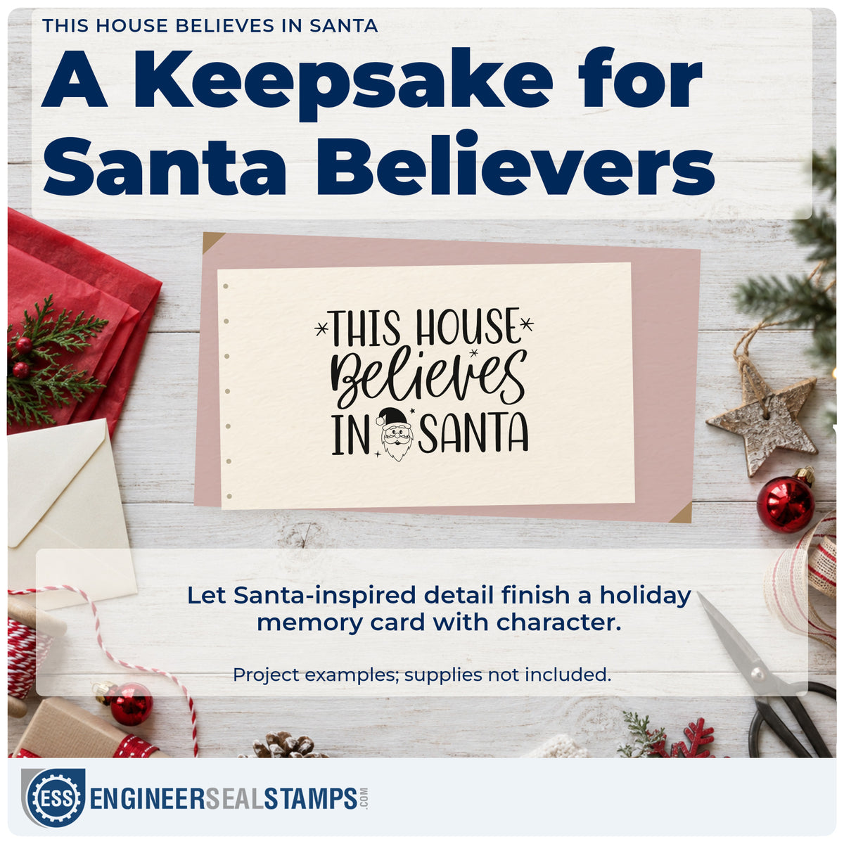 A finished handmade project stamped with the This House Believes In Santa With Stars Pre-Inked Stamp – Slim, ideal for yard sign album.
