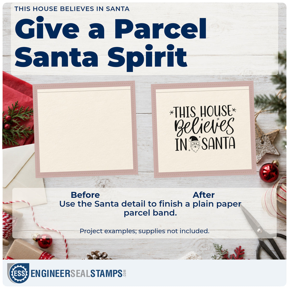 Before and after of a plain item finished with the This House Believes In Santa With Stars Stamp – Duo Hand, a quick upgrade for framed porch post.